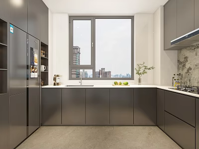 Modern Kitchen Interior With Gray Cabinets Large Window City View And Countertop Fruits Plant 3d model