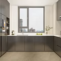 Modern Kitchen Interior With Gray Cabinets Large Window City View And Countertop Fruits Plant
