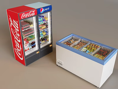 Coca Cola And Pepsi Branded Upright Refrigerators And Chest Freezer With Frozen Food Compartments 3d model
