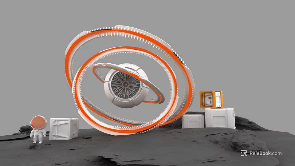 Sci Fi Scene With Circular Rings Central Device And Cube Structures On Gray Surface 3d model 