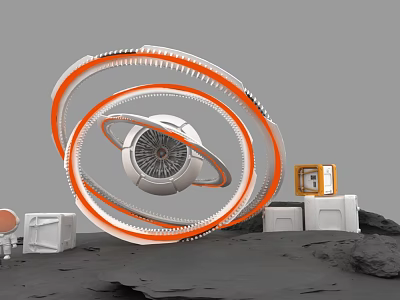 Sci Fi Scene With Circular Rings Central Device And Cube Structures On Gray Surface 3d model
