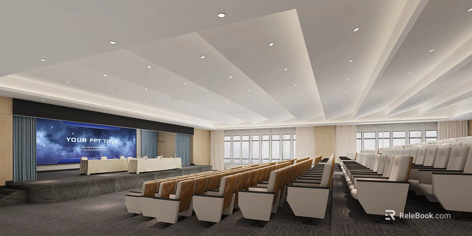 Modern Conference Room Interior Design With Large Projection Screen Arranged Seats And Ceiling Lighting 3d model
