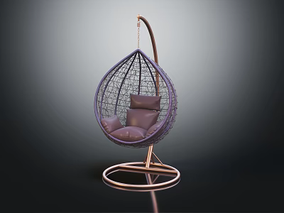 Modern Wicker Hanging Chair With Copper Metal Stand And Plush Purple Cushions 3d model