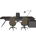 Modern Office Desk With Wooden Top Ergonomic Chairs Table Lamp And Office Supplies