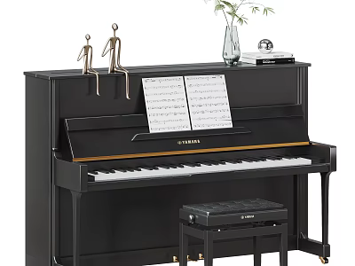 Black Yamaha Upright Piano With Sheet Music Vase Plant Figurines And Stool 3d model