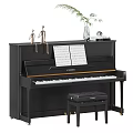 Black Yamaha Upright Piano With Sheet Music Vase Plant Figurines And Stool
