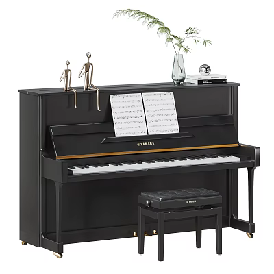 Black Yamaha Upright Piano With Sheet Music Vase Plant Figurines And Stool 3d model
