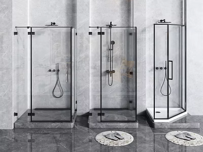 Modern Shower Sauna Design With Three Glass Enclosures And Black Metal Frames 3d model