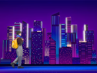 Popular Photo Spot With Purple City Night View And Illuminated Tall Buildings 3d model