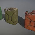 Three Vintage Jerry Cans In Green And Red Colors On Gray Background