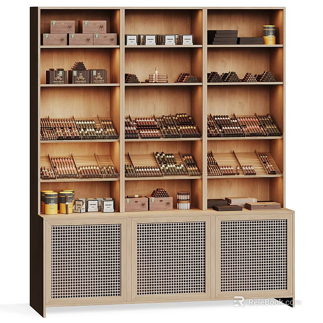 Organized Wooden Shelf Display With Various Boxes Cans And Grid Cabinet Doors 3d model 