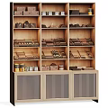Organized Wooden Shelf Display With Various Boxes Cans And Grid Cabinet Doors