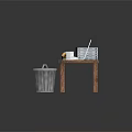 Wooden Desk Setup With Laptop Books Mouse And Trash Can In Room