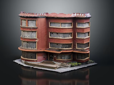Vintage Red Building Model With Multiple Windows Steps And Green Plants 3d model