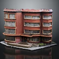Vintage Red Building Model With Multiple Windows Steps And Green Plants 3d model