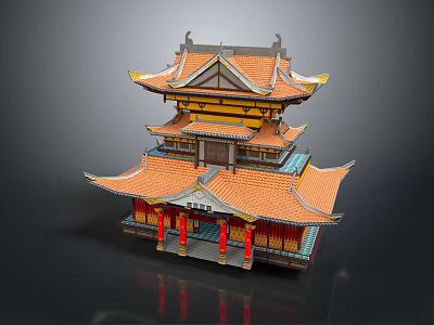 Ancient Chinese Architecture Multi Layered Structure With Orange Tiled Roof Overhanging Eaves And Red Pillars 3d model