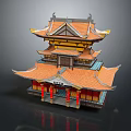 Ancient Chinese Architecture Multi Layered Structure With Orange Tiled Roof Overhanging Eaves And Red Pillars