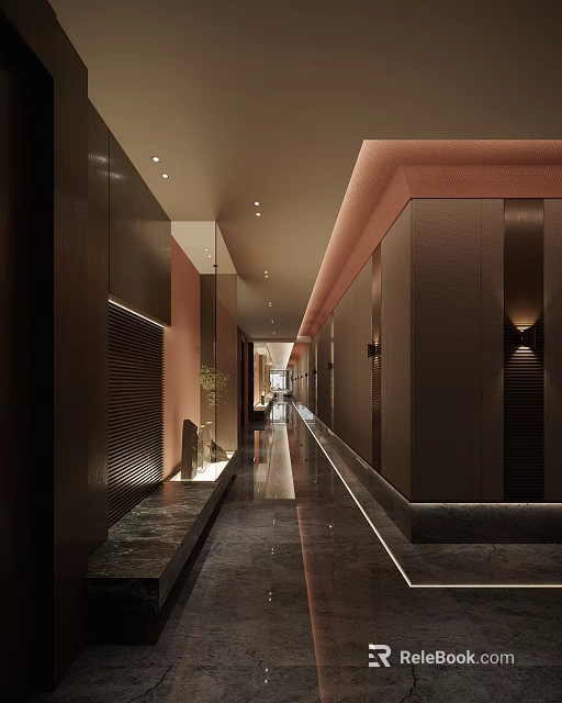 Elegant Modern Hotel Corridor Interior With Warm Lighting And Polished Flooring 3d model 