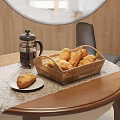 Fresh Croissants in Wicker Basket with French Press Coffee and Plate on Wooden Table