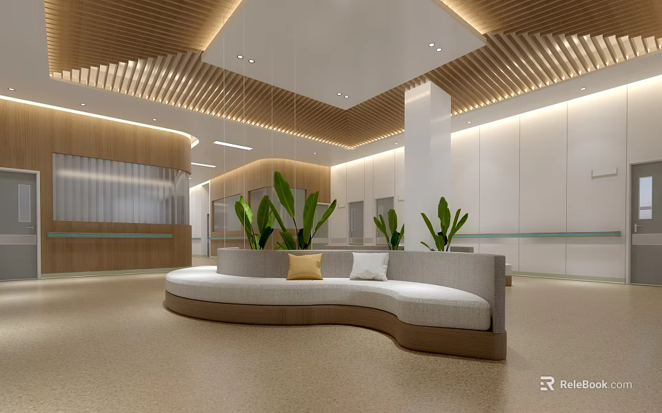 Modern Lounge Area With Curved Sofa Green Plants And Wooden Ceiling Design 3d model 