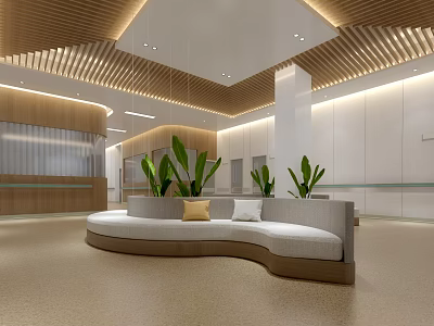 Modern Lounge Area With Curved Sofa Green Plants And Wooden Ceiling Design 3d model