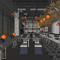 Modern Café Interior With Stylish Chandelier Tables Chairs And Bar Counter