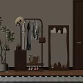 Wooden Clothes Rack Hanging Shirts Hat Handbag With Cabinet Shoes Mirror And Potted Plant
