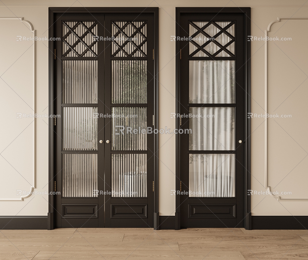 Modern Swing Door Middle Ancient Solid Wood Double Open Glass Door Single Open Door 3d model