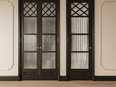 Black Casement Doors With Lattice Design And Glass Panels In Light Colored Walls Room 3d model