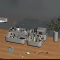 Organized Perfumes And Cosmetics In White Storage Boxes On Wooden Tabletop