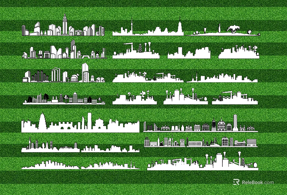 White Outline School Building Silhouettes Arranged in Multiple Rows on Green Background 3d model