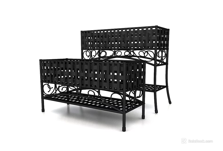 Set of Two Black Metal Storage Shelving Units With Grid Design And Decorative Scrollwork Legs 3d model 