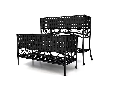 Set of Two Black Metal Storage Shelving Units With Grid Design And Decorative Scrollwork Legs 3d model