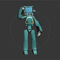 Teal Colored Robot With Head Device In Standing Pose On Reflective Surface
