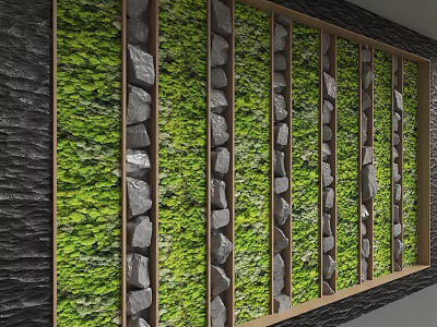 Natural Green Moss and Gray Stones Arranged in Wooden Frames Decorative Wall 3d model