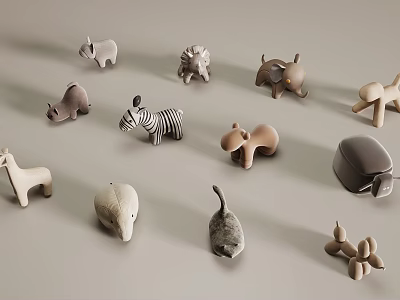 Various Plush Animal Dolls in Soft Neutral Tones Scattered on Light Surface 3d model