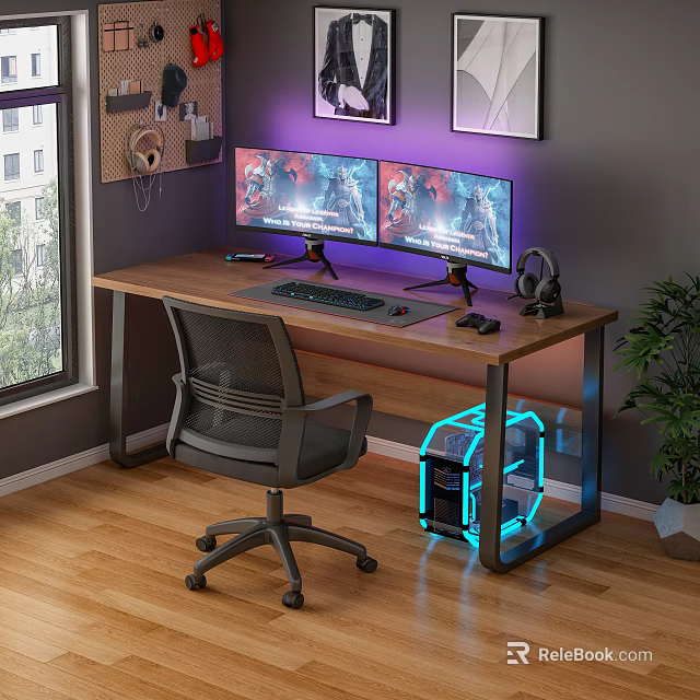 Gaming Desk Setup With Dual Monitors RGB PC Case And Ergonomic Chair 3d model 