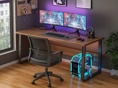 Gaming Desk Setup With Dual Monitors RGB PC Case And Ergonomic Chair 3d model