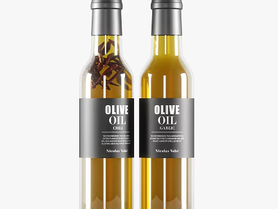 Two Transparent Glass Olive Oil Bottles With Black Label And Silver Cap Design 3d model