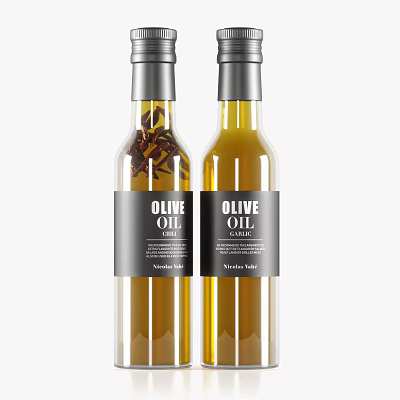 Two Transparent Glass Olive Oil Bottles With Black Label And Silver Cap Design 3d model