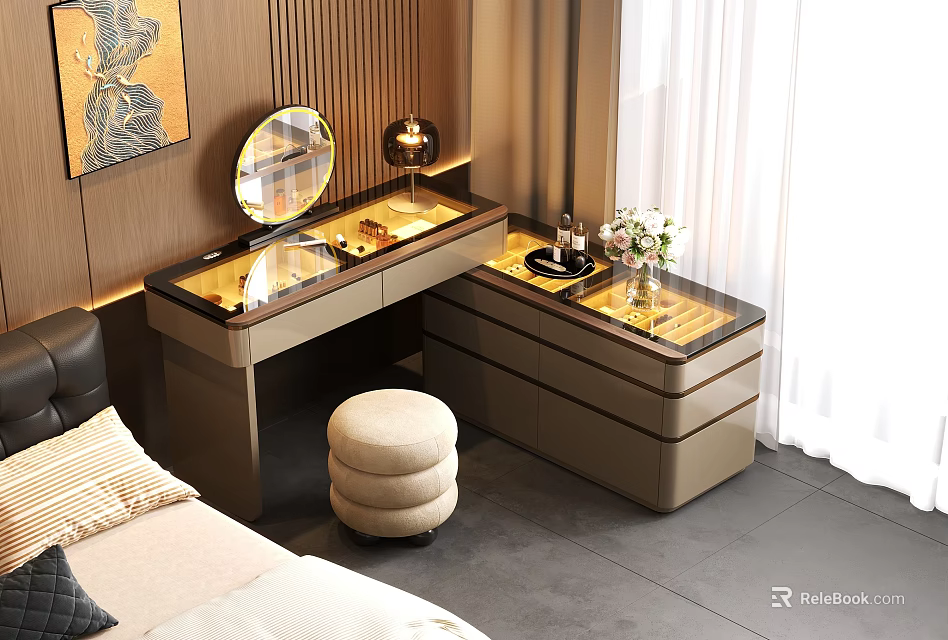 Elegant Modern Dressing Table with Round Mirror Stool and Flower Vase in Bedroom Interior 3d model 