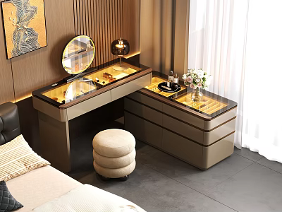 Elegant Modern Dressing Table with Round Mirror Stool and Flower Vase in Bedroom Interior 3d model