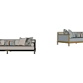 Light Gray Beige Three Seater Sofa With Wooden Black Frame Patterned Solid Cushions Metal Legs 3d model