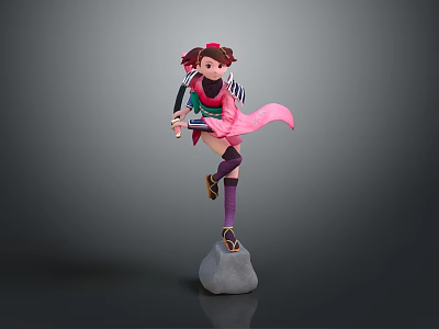 3D Anime Character With Pink Hair Green Top Purple Outfit And Pink Sash On Rock 3d model