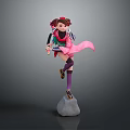 3D Anime Character With Pink Hair Green Top Purple Outfit And Pink Sash On Rock