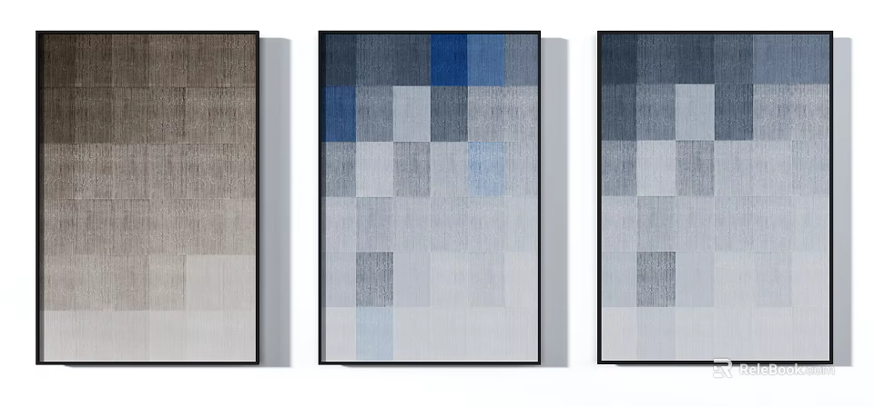 Modern Geometric Square Wall Art With Blue Gray Beige Tones Triptych Set 3d model