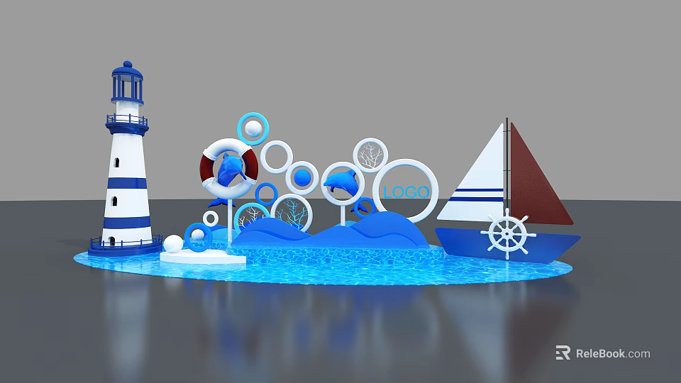 Nautical Themed Decor With Lighthouse Sailboat Lifebuoy Circles Dolphin And Ocean Elements 3d model 