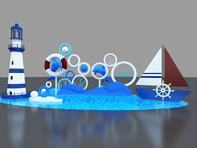 Nautical Themed Decor With Lighthouse Sailboat Lifebuoy Circles Dolphin And Ocean Elements 3d model