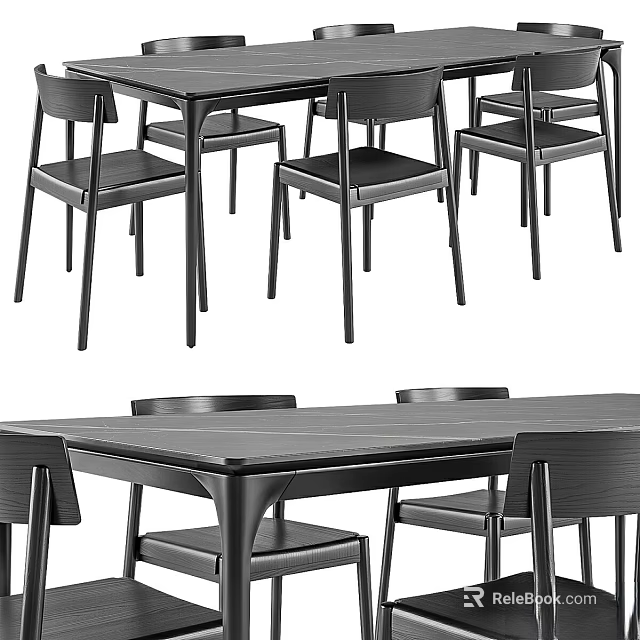 Modern Minimalist Black Dining Table And Chairs With Wooden Top And Metal Legs For Home Dining Room 3d model 