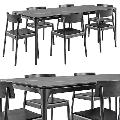 Modern Minimalist Black Dining Table And Chairs With Wooden Top And Metal Legs For Home Dining Room 3d model